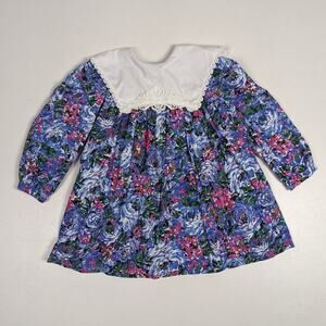 Vtg Polly Flinders Dress Girls Sz 3T Purple Rose Floral 80s Bib Collar Fancy